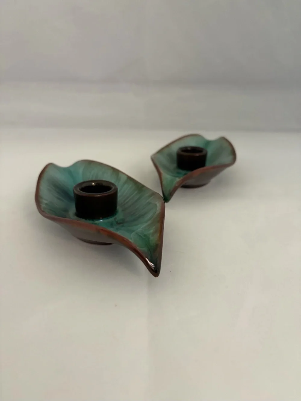 MCM Blue Mountain Pottery Leaf Candle Holder Pair